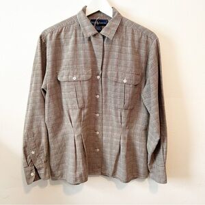 Vintage 80's Ralph Lauren Brown Cotton Wool Plaid Blouse with Darts Equestrian